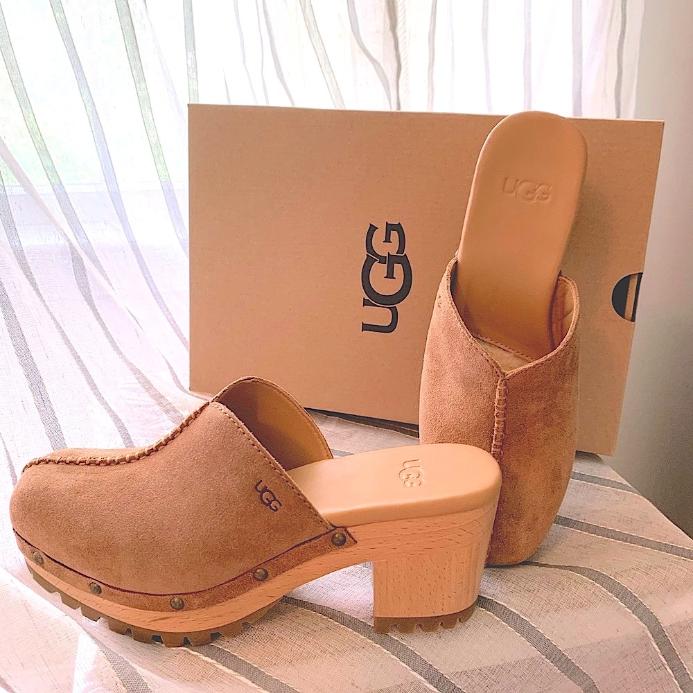 UGG Judi Clog, Chestnut Suede. Classic nail head detailing, wooden block heel.